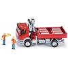 Siku 3534, Camion con superficie di carico e gru, Metallo,Plastica, Rosso, Con 2 figurine e 12 blocchi di deviazione del traffico