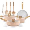 NutriChef Set Pentole e Padelle 14 Pezzi in Ceramica Antiaderenti, Compatibili Induzione, Coperchio in Vetro, Manici Antiscottatura, Lavabili in Lavastoviglie, Mestolo, Pinze e Spatola Inclusi, Rosa