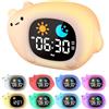 YISSVIC Sveglia Bambino Educativo Giorno Notte 2 Allarmi 12/24 Ora Snooze 10 Canzoni Luminosità dello Schermo Regolabile Sveglia Luminosa 7 Colori Spegnimento Automatico, Forma di Gatto