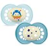 MAM Original Night Succhietto 6+ Mesi (Set da 2), Ciuccio MAM 6-16 mesi che si illumina al buio con tettarella in caucciù, Kit da 2 accessori neonato con porta ciuccio sterilizzatore, Azzurro/Celeste