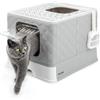 lionto Lettiera per gatti con cassetto e paletta, 50,5x40,8x37 cm, lettiera con 2 uscite e fondo anti-perdite, per gatti fino a 15 kg, pieghevole, materiale PP resistente, bianco-grigio