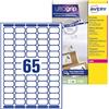 Avery Italia L7651-100 Etichette adesive in carta bianca, 100 fogli A4, rettangolari 38,1x21,2mm, 65 etichette per foglio, adesivo permanente, stampanti laser