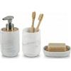 Kook Time Set Accessori Bagno 3 Pezzi - Dispenser Sapone con Pompa in Lega di Zinco, Bicchiere e Porta Saponetta - Resina Bianca Effetto Marmo e Bambù - Design Moderno e Resistente