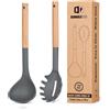 BUNDLEPRO Set di forchetta e mestolo in silicone con manico in legno, resistenti al calore, antiaderenti, utensili da cucina per cucinare, mescolare, servire spaghetti, zuppe, salse (grigio)