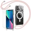 Olgary Magnetica Cover con Cordino per iPhone 13 con 2 Vetro Temperato e 2 Vetro Fotocamera, Trasparente Ultra Sottile Silicone Antiurto Protettiva Custodia con Regolabile Laccio Collana, Rosa