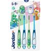 Jordan* ® | Step 3 Spazzolino da denti Bambini | Spazzolino per bambini di età 6-9 anni | Setole morbide, doppio manico ergonomico e senza BPA | Colore Blu & Giallo | Confezione 4 unità