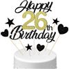Conruich Decorazione per Torta di Compleanno 26 anni Uomo Donna, Cake Topper Happy 26th Birthday Oro Nero, Torta Torta Stella Cuore Nero per Decorazione Festa 26 anni Compleanno Donna Uomo