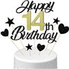 Conruich Decorazione per Torta di Compleanno 14 anni Ragazzo Ragazza, Cake Topper Happy 14th Birthday Oro Nero, Torta Stella Cuore Nero per Decorazione Festa 14 anni Compleanno Ragazza Ragazzo