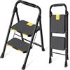 KINGRACK Scaletta 2 Gradini, Scala Pieghevole Domestica con Blocco di Sicurezza, Acciaio Portata 360kg con Ampio Pedale Antiscivolo, Corrimano Comoda, Cucina Casa Ufficio, Nero