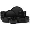 Joyfair Set di stoviglie per 6 persone, 18 pezzi, in gres porcellanato, con piatti piani, piatti da dessert, ciotole per cereali, lavabili in microonde e lavastoviglie, colore: nero