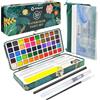 Artecho, Set di acquerelli, 50 colori, in scatola portatile, con 4 colori fluorescenti, set da viaggio con carta per acquerelli, pennelli e altri strumenti, idea per artisti e hobbisti