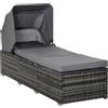 Outsunny Lettino Prendisole in Rattan PE, Chaise Longue con Schienale Reclinabile a 4 Livelli, Tettuccio e Materassino, Grigio|Aosom
