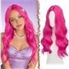 FESHFEN Parrucca Lunga Ondulata - Lace Front Parrucca per Donna Lunghe Ondulate Rosa Shocking Wigs Naturali Sintetici Capelli Parrucche Uso Quotidiano Festa, 60 cm