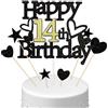 Conruich Decorazione per Torta di Compleanno 14 anni Ragazzo Ragazza, Cake Topper Happy 14th Birthday Oro Nero, Torta Stella Cuore Nero per Decorazione Festa 14 anni Compleanno Ragazza Ragazzo