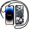 Coiwxmoi Cover Magnetica per iPhone 15 Pro Max 6,7 con Cordino, Compatibile con MagSafe, Aesthetic Fiori Disegno Custodia con Corda Collana, Traslucida Matte Silicone Hard PC Antiurto Case, Nero 2