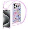 Yirlbey Cover per iPhone 16 Pro Max 6,9'' con Cordino, Aesthetic Fiori Motivo Disegno Viola Silicone Case Corda con Regolabile Laccio Antiurto Antigraffio Bumper Protezione Custodia per Mädchen