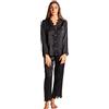Laura Lily Laura in - Pigiama da Donna in Seta Raso, 2 Pezzi Camicia con Bottoni e Pantaloni Lunghi in Pizzo qualità Extra.NeroL1403