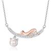 KINGWHYTE Collana in argento sterling 925, con perle d'acqua dolce, placcata in oro rosa, con ciondolo a forma di gatto, con zirconi cubici, per donne e ragazze