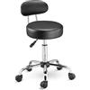 BAKAJI Sgabello con ruote e schienale, Sedia da lavoro girevole con supporto schiena, Seduta Imbottitura 10 cm Ecopelle e Base Acciaio, Altezza Regolabile, per estetista, ufficio, lavoro (Nero)