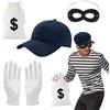 KIKVTER Costume Ladro Accessorio, Costume Halloween Carcerato, Halloween Costume Accessorio con Cappello, Borsa Portadenaro, Maschera Ladro e Guanti, Costume da Rapinatore Banche Accessorio Carnevale