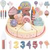 Masonbaby Torta finta di compleanno in legno con candele e numeri, set di torte giocattolo per bambini, torta di compleanno per giochi di finta, giocattoli regalo di compleanno per ragazzi e ragazze