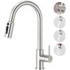 CREA Rubinetto da cucina a 3 vie con doccia, estraibile, girevole a 360°, miscelatore a 3 vie, in acciaio inox spazzolato, Argento