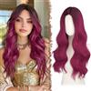 FESHFEN Parrucca Lunga Ondulata - Lace Front Parrucca per Donna Lunghe Ondulate Ombre Bordeaux Wigs Naturali Sintetici Capelli Parrucche Uso Quotidiano Festa, 60 cm