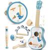 Lehoo Castle Chitarra per Bambini, 7 Strumenti Musicali Montessori Giochi, con ukulele, Tamburello, Flauto, Maracas, Giocattoli in Legno, Giocattoli Didattici, Regalo per bambini di 1, 2, 3 anni