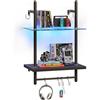 Bestier 38 cm, 2 ripiani, scaffalatura per tubi sospesi, industriale, a parete, con tubo rotondo e gancio, scaffale in legno per decorazione e conservazione, libreria per soggiorno, cucina, balcone