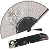 OMyTea - Ventaglio manuale pieghevole "Grassflower", da donna, in stile rétro vintage cinese/giapponese, con custodia in tessuto per proteggerlo, Gray