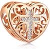 GLOWDAS Oro Rosa Croce in Cuore Charms Fit Pandora Bracciale Religioso, 925 Sterling Argento Cristiano Preghiera Croce Collana Perline, Fede Speranza Charm Regali per i Migliori Amici/Nonna/Festa della Mamma