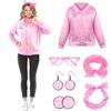 Kitimi Costume da donna rosa con giacca grassa, costume da adulto con occhiali da gatto, fascia a pois, sciarpa di seta e orecchini