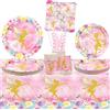 ENCETARDE Decorazione della festa delle fate 20 persone, stoviglie per feste di fata, piatti da dessert, bicchieri, tovaglioli, cannucce per feste di compleanno rosa con fata e fiori, principessa farfalla (20)