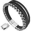 Murtoo Bracciale Uomo Pelle e Catena Acciaio Braccialetto con Chiusura Magnetica Pacco Regalo per L'uomo (Nero Argento, 22)