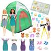 Carreuty 43 pezzi set di abbigliamento da campeggio compatibili con Barbie, accessori per bambole da 29,2 cm: 1 tenda per bambole, 4 vestiti, 4 scarpe, 4 cuccioli, 7 animali domestici, 1 accessorio binocolo