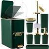 XLHOMO Set di accessori da bagno da 8 pezzi, verde e oro, set da bagno con cestino in acciaio inox, scopino, spazzolino da denti, dispenser di sapone