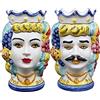 Sicilia Bedda - Coppia Teste di Moro SICILIANE in Ceramica di CALTAGIRONE - Realizzate a Mano - H Centimetri 18 - Elegante Complemento d'Arredo (Corona Blu)