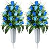 SIFOEL Set di 2 fiori artificiali commemorativi per cimitero, bouquet di rose con vaso, per cimitero, cimitero, decorazione (azzurro e blu scuro)