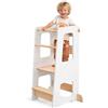 KYWAI® Torre Montessoriana Bambini Premium in Legno, Torretta Montessoriana - Regolabile in Altezza, Doppia Barra di Sicurezza, Azienda Sostenibile Impegnata nella Riforestazione (Bianco)