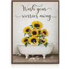 Dazzlewall Quadro Bagno Girasoli Allegri, Poster con Citazione Inspirante Lava le Tue Preoccupazioni e Vasca Fiorale per Bagno Toilette 30×40 cm Senza Cornice