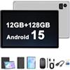 Crelander Tablet Android 15 da 10,1 pollici, tablet Android da 12 GB + 128 GB, batteria 5000 mAh, touchscreen HD 1280 x 800, Bluetooth/WiFi, pacchetto con custodia, tastiera, mouse e stilo (grigio)