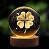 Flexzion Lampada notturna a forma di trifoglio 3D con sfera di cristallo da 60 mm, lampada a LED con base in legno di faggio massiccio, luminosità regolabile alimentata tramite USB, portafortuna