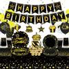Obussgar Decorazioni per feste di compleanno nere e dorate, con striscioni, piatti, decorazioni per torte, bicchieri, tovaglioli, palloncini, tovaglie, per 20 persone (LQ)