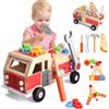 Nauotk Cassetta Attrezzi in Legno, Attrezzi da Lavoro per Bambini, Cassetta Attrezzi Giocattolo,Gioco d'Imitazione, Giochi in Legno per Bambini Ragazzo Ragazza 2 3 4 Anni-Camion dei Pompieri