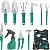 Moendergo Set di attrezzi da giardino con spatola, macchina per trapianto, rastrello, cesoie da giardino, pale e bottiglia spray d'acqua (Verde)