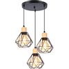 iDEGU 3 Luci Lampada a Sospensione Industriale in Metallo Legno Lampadario da Soffitto Stile Gabbia Nero Illuminazione E27 Lampadario a Sospensione Vintage per Camera da Letto Cucina Soggiorno (Tondo)