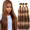 Tuheerst Straight Human Hair Bundles P427 Highlight Brown Bundel Echthaar Human Hair Extensions Echthaar Tressen Double Weft Remy Hair 3 Bundle Total 300g 34 34 34 Inch
