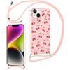 Yirlbey Cover per iPhone 15 6,1'' con Cordino, Aesthetic Fiocco Ciliegia Motivo Disegno Rosa Silicone Case Corda con Regolabile Laccio Antiurto Antigraffio Bumper Protezione Custodia per Mädchen