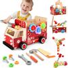 Nauotk Cassetta Attrezzi in Legno, 2 in 1 Camion dei Pompieri con Cassetta Attrezzi Bambini, Attrezzi da Lavoro Giocattolo Bambini,Gioco d'Imitazione, Giocattoli Montessori Ragazzo Ragazza 2 3 4 Anni