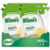 Winni's - Detersivo Piatti a Mano in Ecoformato, Concentrato, Ipoallergenico, con Sgrassanti Naturali da Biofermentazione, Bergamotto e Zenzero, Materie Prime di Origine Vegetale, 900ml x 4 Confezioni
